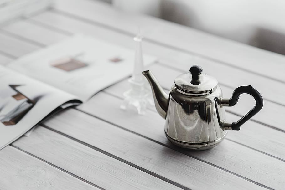 Coffee on a table with other items, morning, pot, tablet, cup HD wallpaper