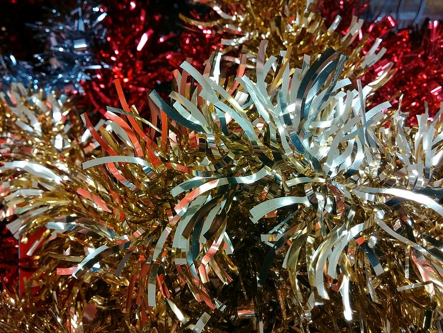 tinsel, christmas, decorations, festive, glittery, xmas, silver, HD wallpaper