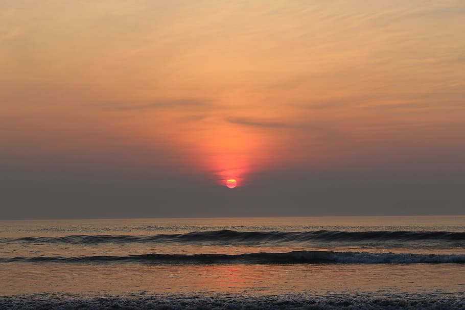 sunrise, beach, wow, ocean, waves, reflection, sunset, sky HD wallpaper