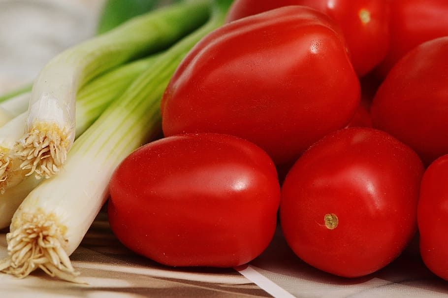 tomatoes, spring onions, vegetables, healthy, vitamins, frisch HD wallpaper