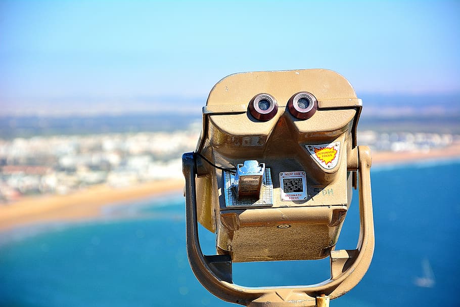 selective focus of scope, sunglasses, agadir, morocco, panoramic view sea