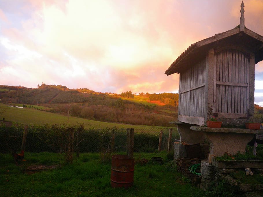 Field, Sunset, Landscape, farm, agriculture, house, building exterior HD wallpaper