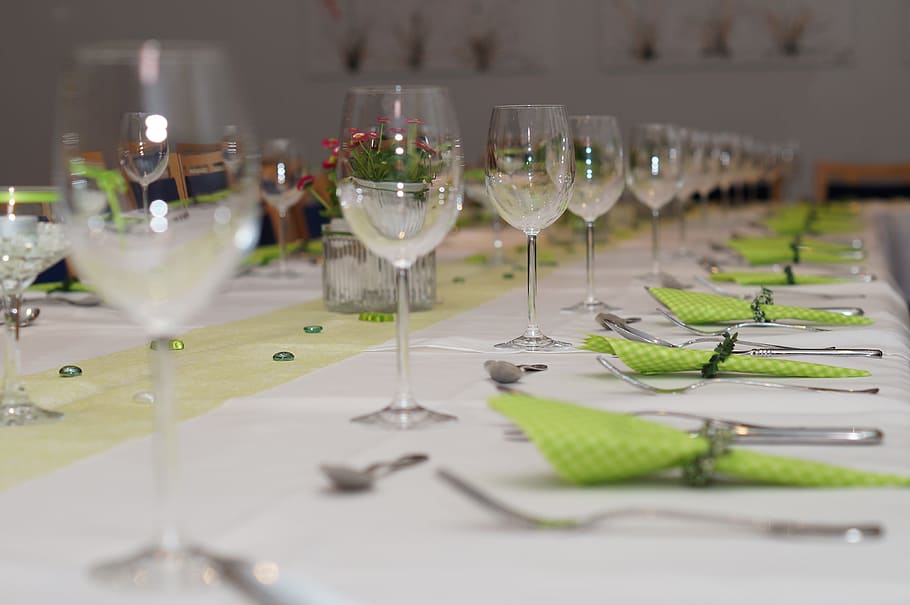 selective focus photography of wine glasses and forks with table napkins HD wallpaper