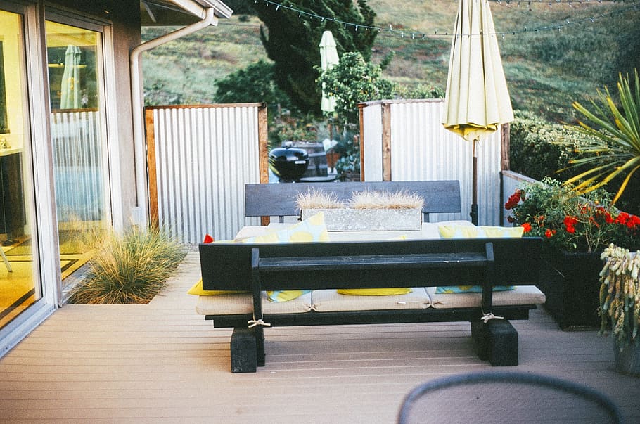 two black benches with white parasol, patio, backyard, umbrella HD wallpaper