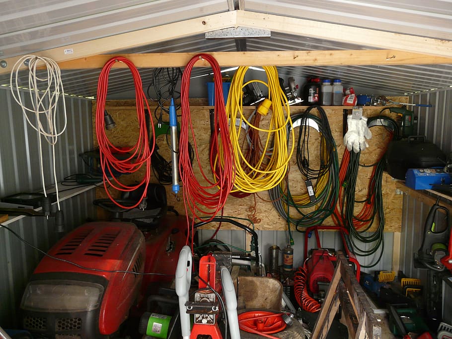 red ride-on lawn mower, Garage, Tool, Cable, Scale, Hut, Work HD wallpaper