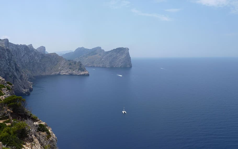 cliffs, mallorca, spain, rock, sea, blue, mediterranean, water HD wallpaper