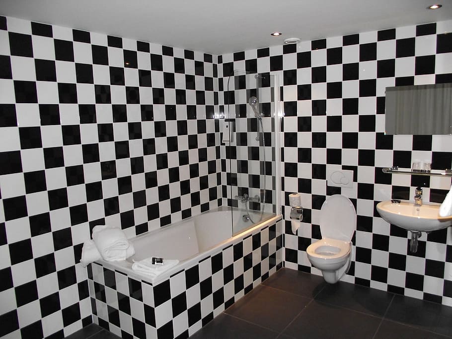 Bathroom, Toilet, Black White, domestic Bathroom, tile, indoors
