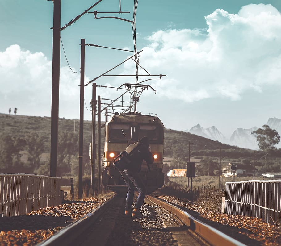 railway, train, transportation, track, fence, people, man, photographer HD wallpaper