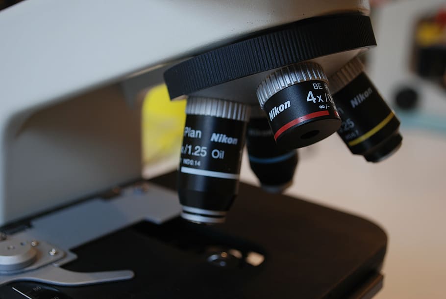 black and white Nikon microscope, laboratory, hospital, diagnostics HD wallpaper
