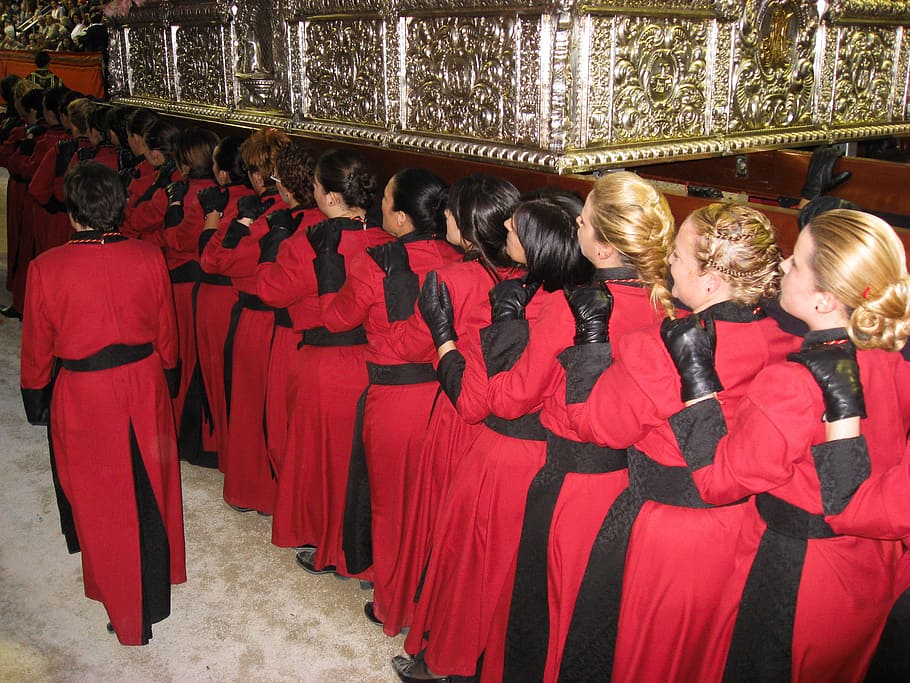 spain, lorca, holy week, parade, virgin, group of people, red HD wallpaper