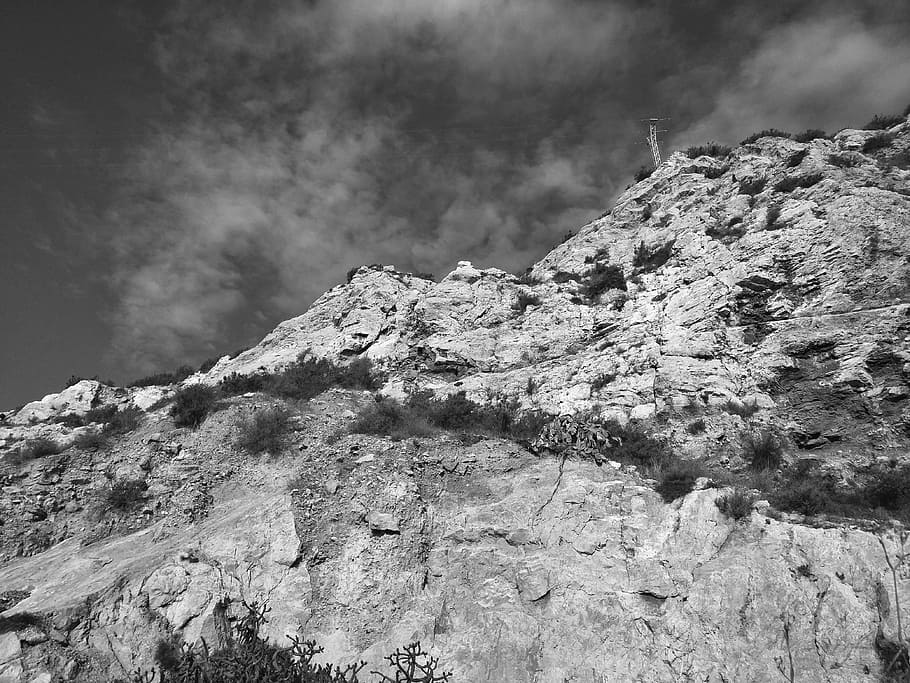cliff, sky, pylon, scenic, clouds, landscape, rock, summer HD wallpaper