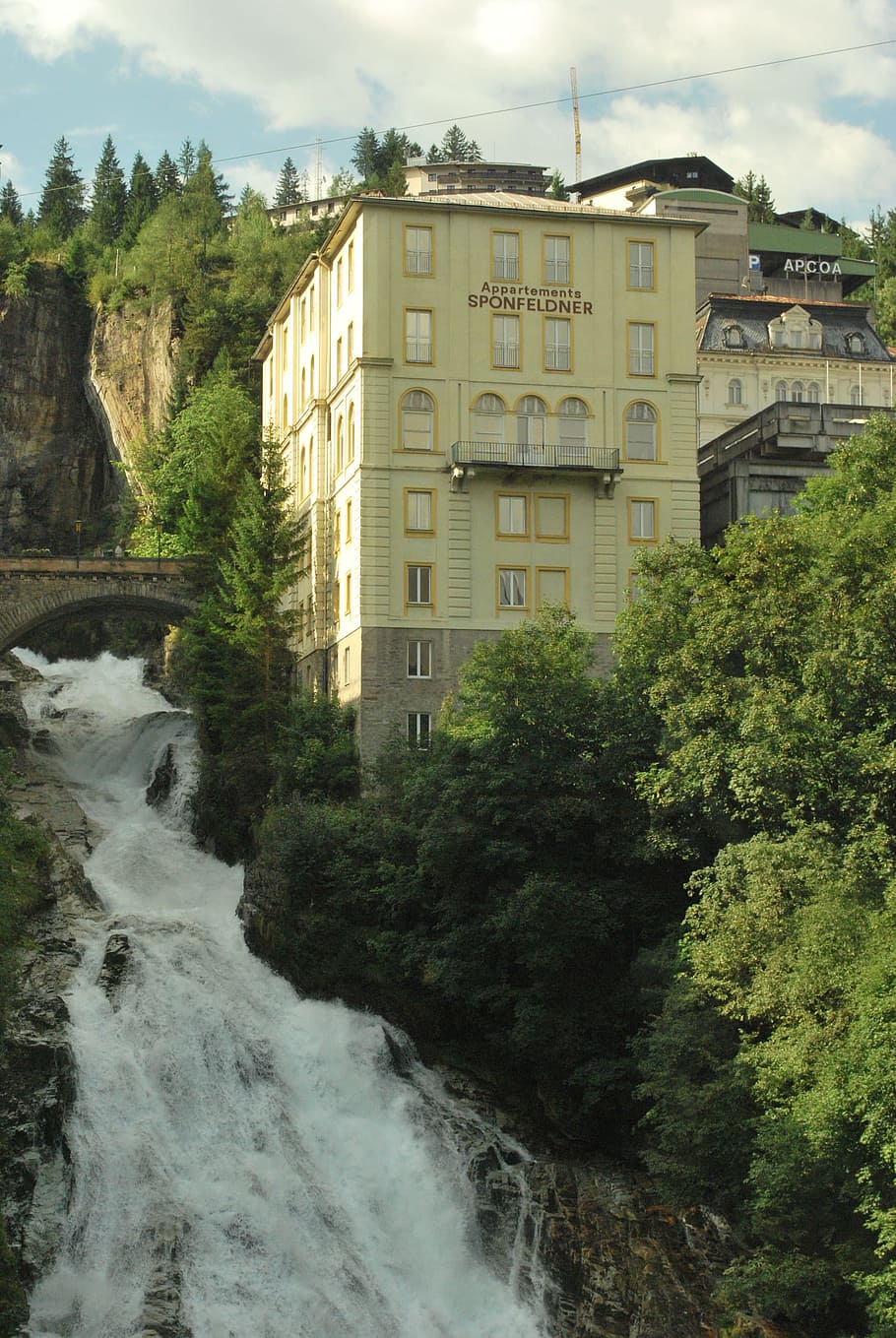 gastein, alps, waterfall, hotel, river, austria, built structure, HD wallpaper