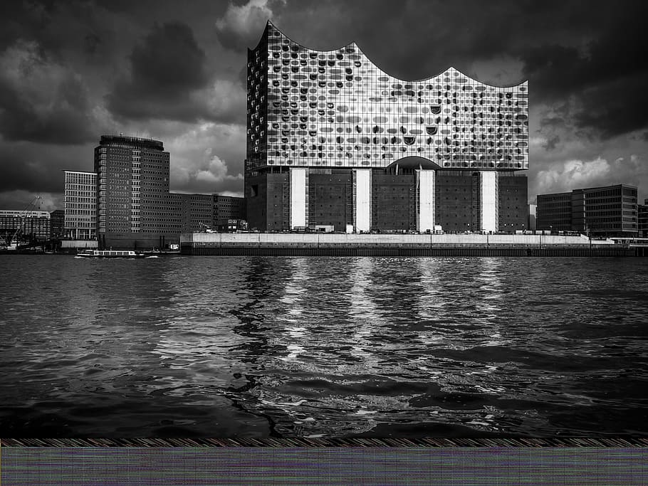 grayscale photo of building, hamburg, city, big city, hanseatic city