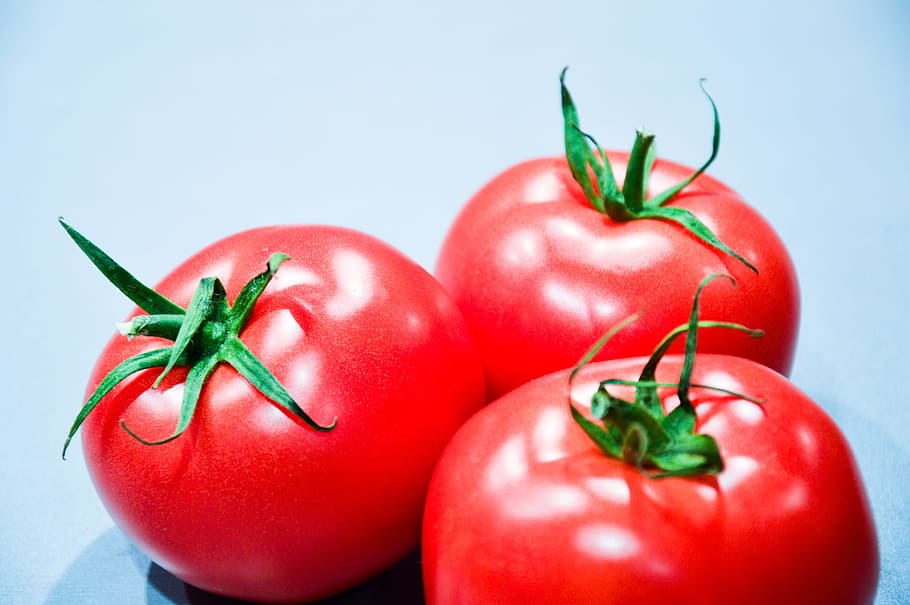 photography of three tomatoes, vegetables, healthy, food, healthy food