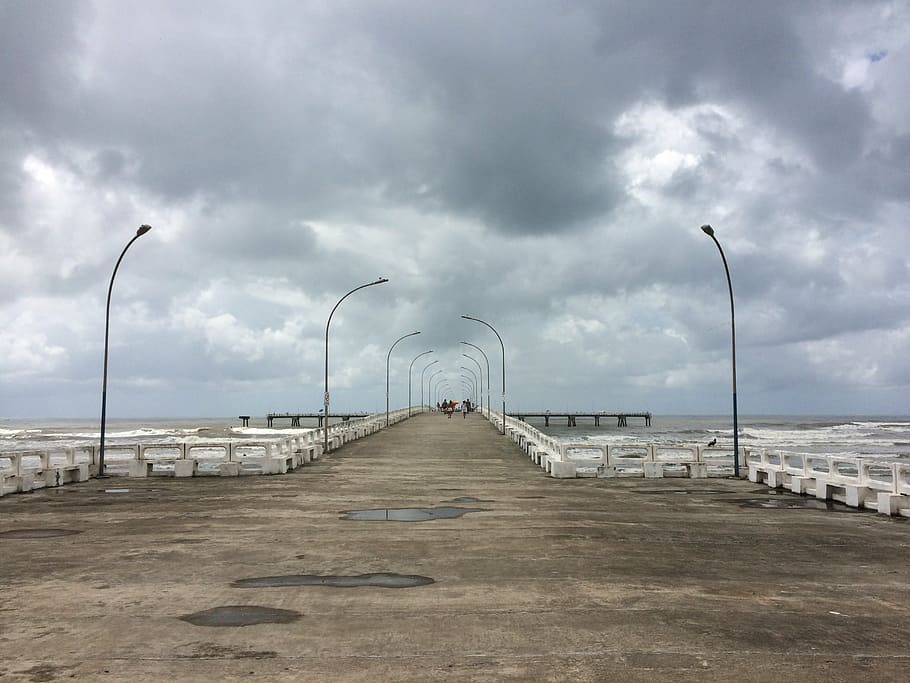 beach, nature, landscape, sea, pier, coastline, sky, street light HD wallpaper