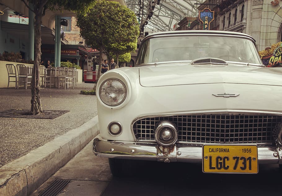 vintage gray car near green tree, wheel, style, model, antique HD wallpaper
