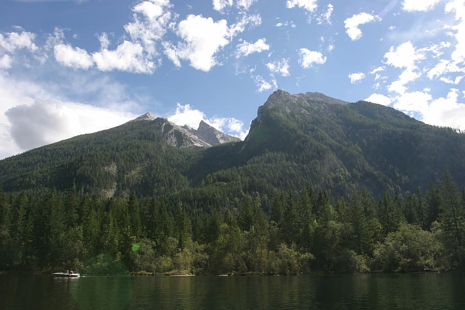 mountains, lake, alpine, landscape, boot, clouds, ship, holiday HD wallpaper