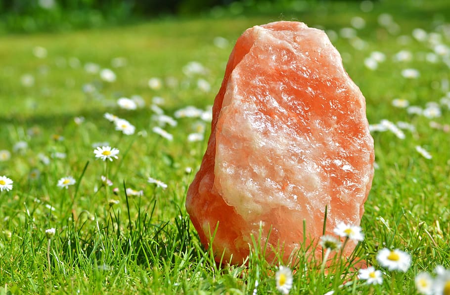 salt lamp on grass, rock salt, halitit, salt rock, salt stone