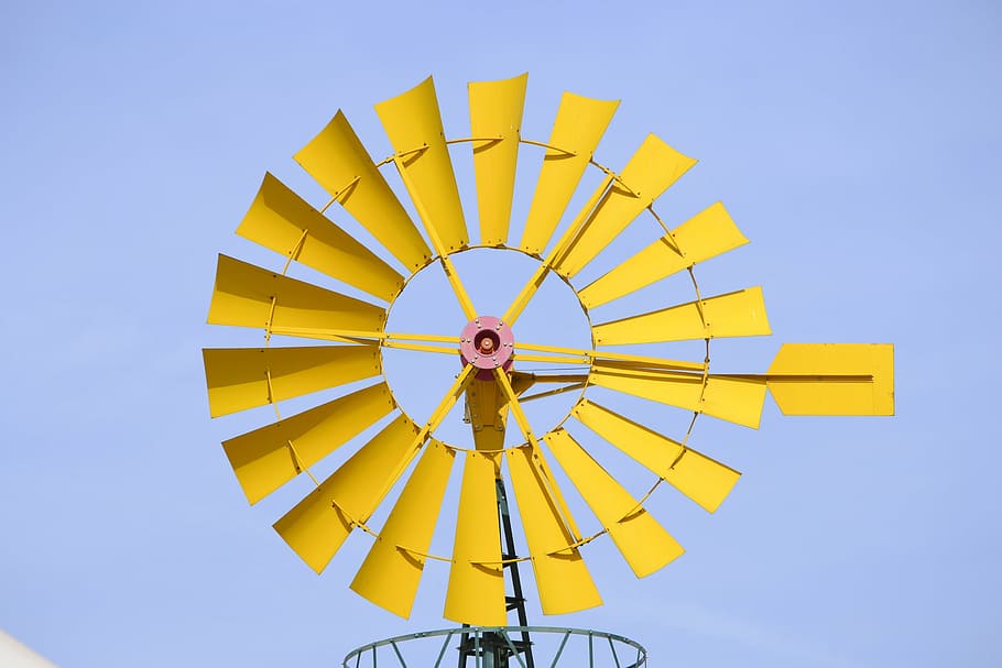 yellow windmill under clear skies, park-science-granada, low angle view HD wallpaper