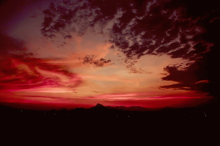 silhouette of mountains during golden hour, nature, clouds HD wallpaper