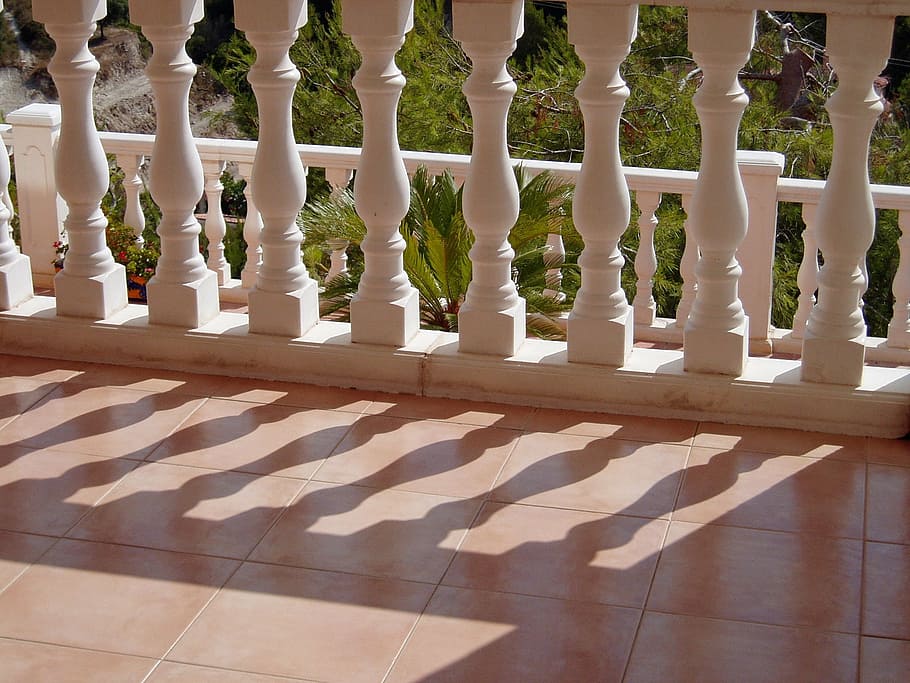 balustrade, spindles, shadow, pattern, row, terrace, sunny HD wallpaper