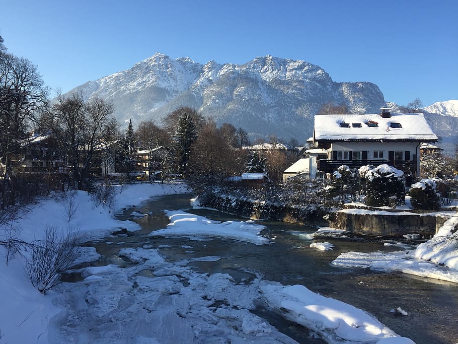 garmisch, partnach, view kramer, winter, snow, mountain, architecture HD wallpaper