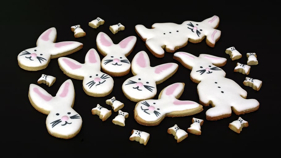 white rabbit cookies, easter bunny, small cakes, pastries, sweet HD wallpaper