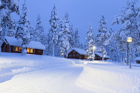 three brown houses on snow field, lapland, winter, wintry, finland HD wallpaper