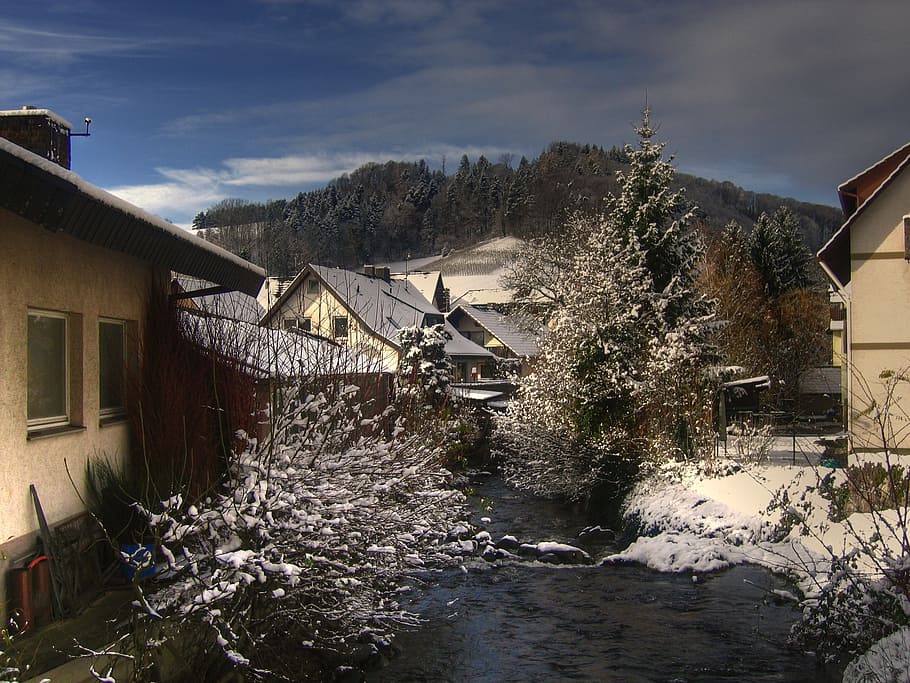 black forest, village, bach, glottertal, home, snow, cold, winter, HD wallpaper