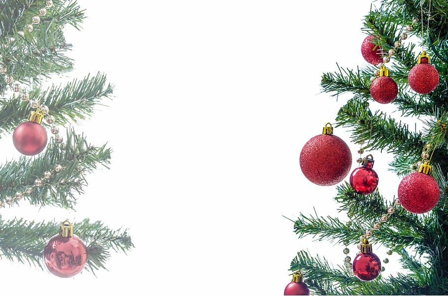 red baubles hanged on Christmas tree, present, xmas, decorated HD wallpaper