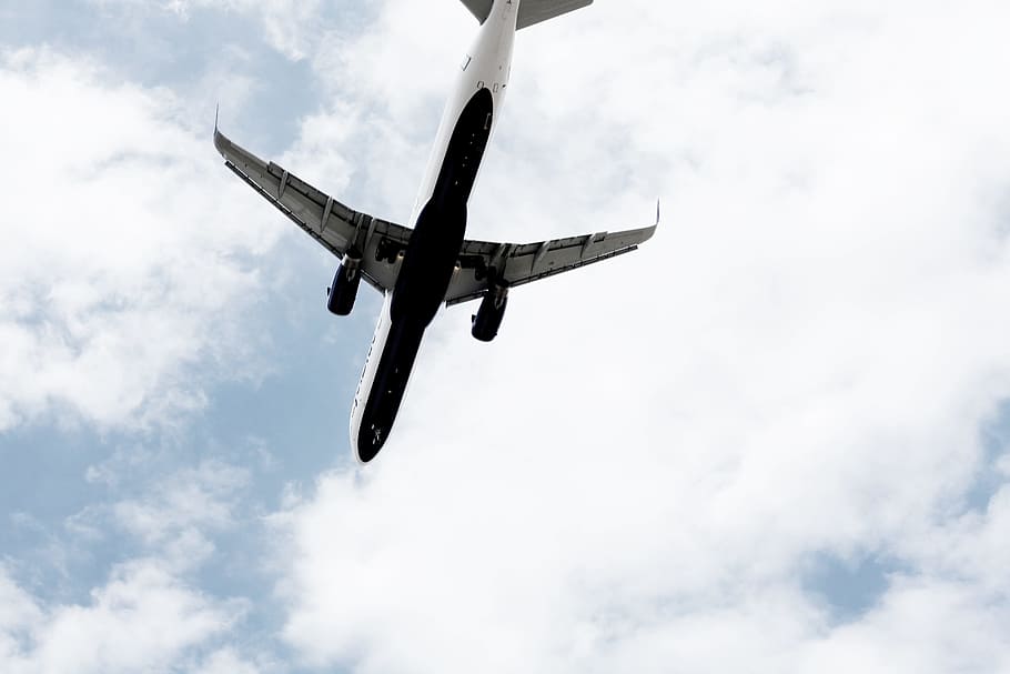 white air plane under the clouds, worms-eye-view of airplane HD wallpaper