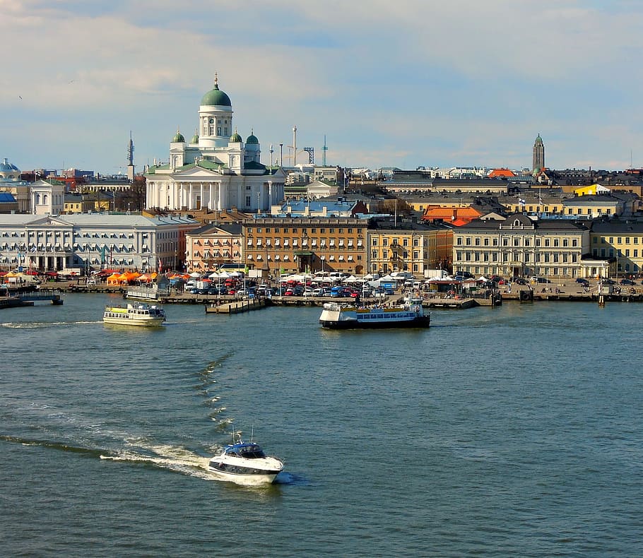 watercrafts on body of water beside city during daytime, Helsinki, Cathedral