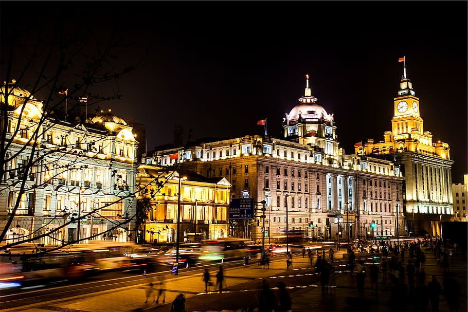 gray concrete building, tower, clock, lights, beside, China HD wallpaper
