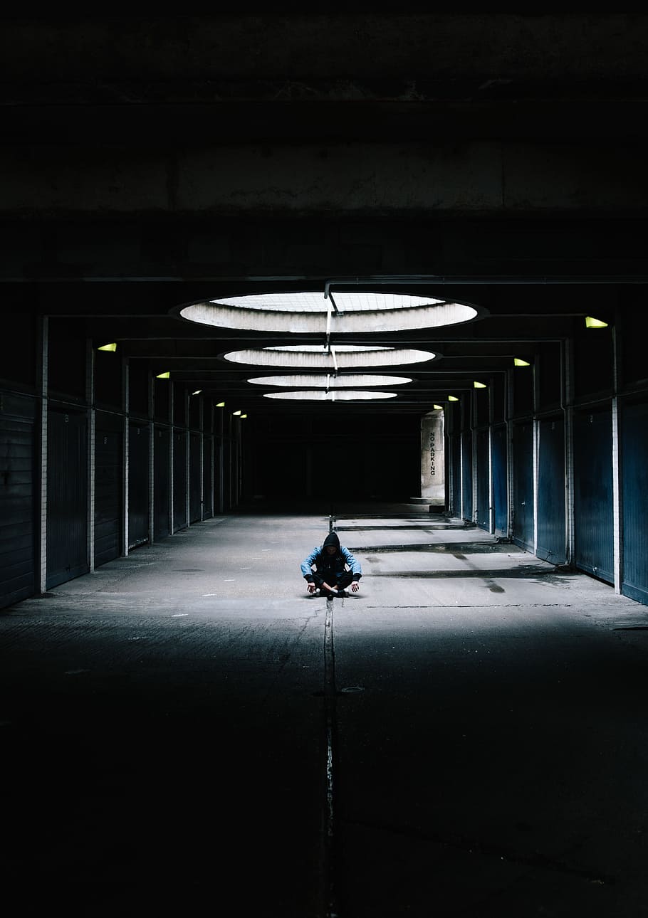 building, dark, people, man, thinking, alone, lights, ceiling HD wallpaper