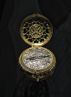 gold and silver pocket watch, clock, string, black, luxury HD wallpaper