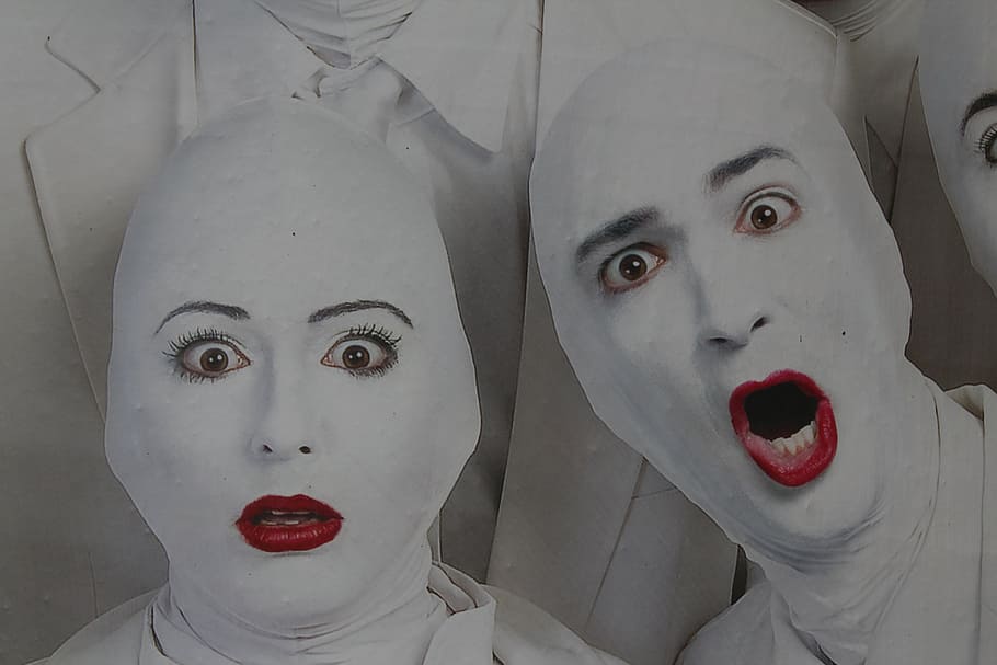 male and female with white maske photo, faces, red lips, human Face HD wallpaper