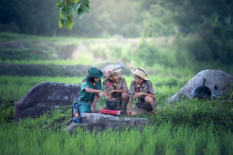 two boy scout and one girl scout cooking on pot using stove surrounded by green grass field during daytime, HD wallpaper