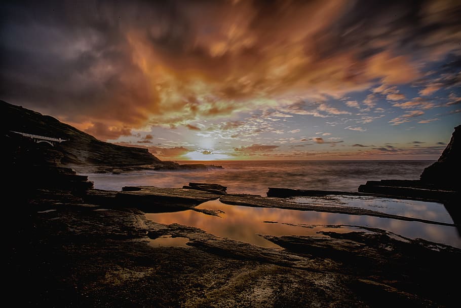 sea, dawn, nature, sky, backlit, beach, dusk, horizon, ocean HD wallpaper