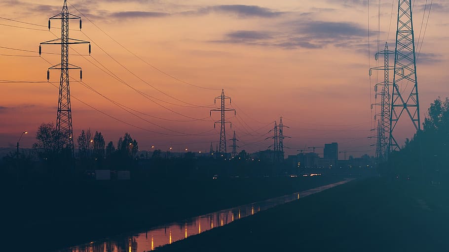 sunset, dusk, power lines, sky, clouds, city, river, water HD wallpaper