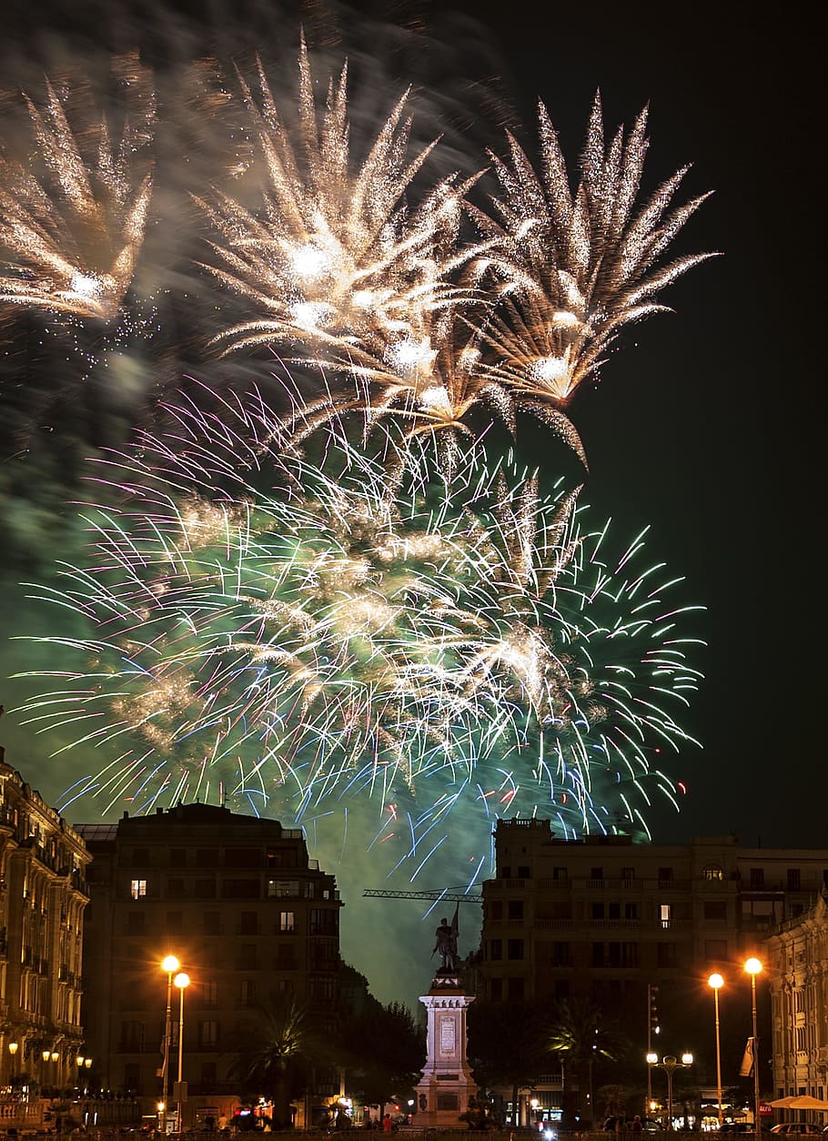 night, fires, city, sun, sky, landscape, donostia, nigth, light HD wallpaper