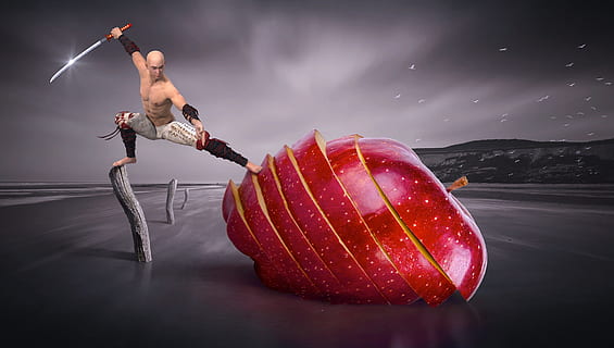 man holding sword slicing large size apple, fantasy, samurai HD wallpaper