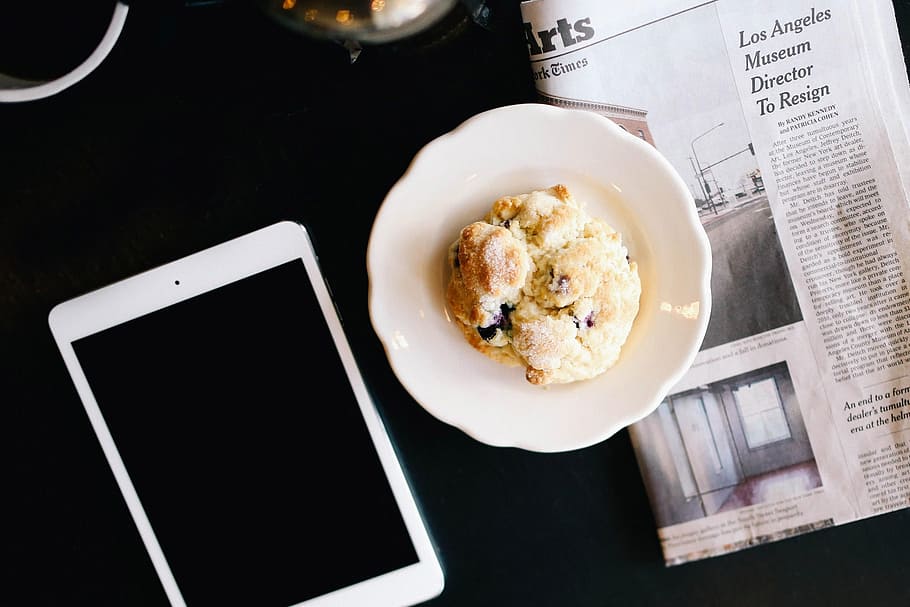 white iPad near food on white ceramic plate, muffin, breakfast HD wallpaper
