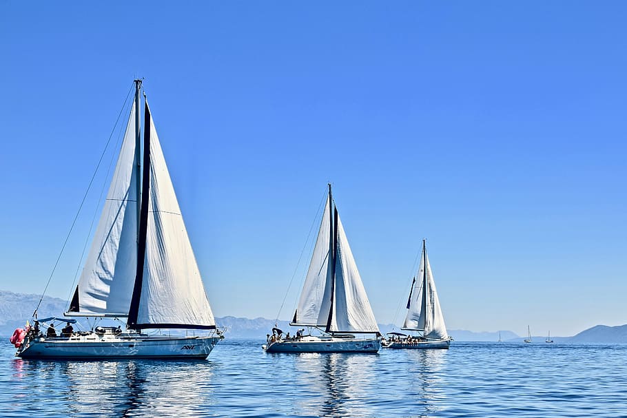 three blue sailboats in body of water, reflection, sky, yacht HD wallpaper