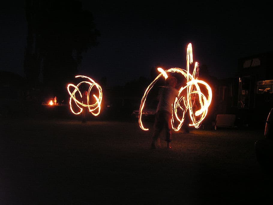 two person performing fire dance, Fire Dancing, Acrobats, Dancers HD wallpaper