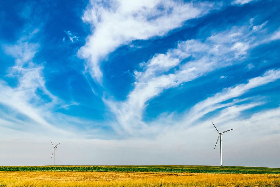 two white turbinesunder sky, windmills, blue, field, rural, countryside, HD wallpaper