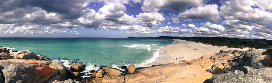 aerial photography of beach, panoramic, water, sand, summer HD wallpaper