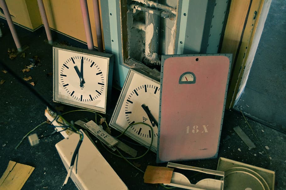 two white analog clocks on black surface, junk, shop, recycle HD wallpaper