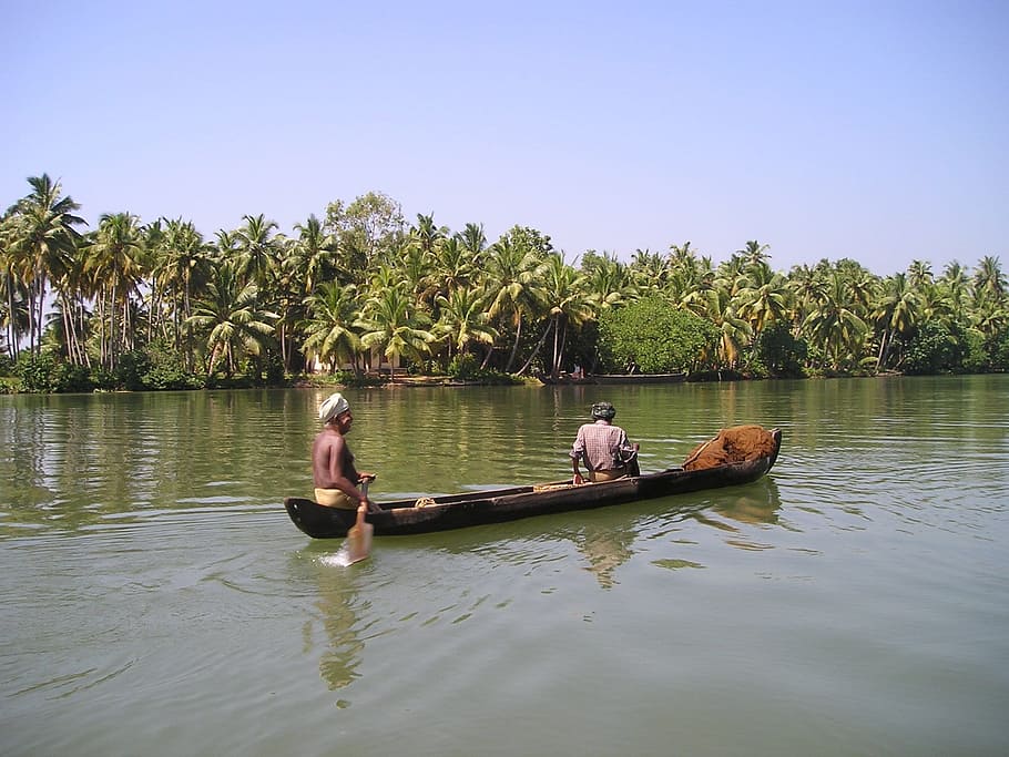 two man riding on boat, India, Fischer, Boot, River, Fish, kerala HD wallpaper