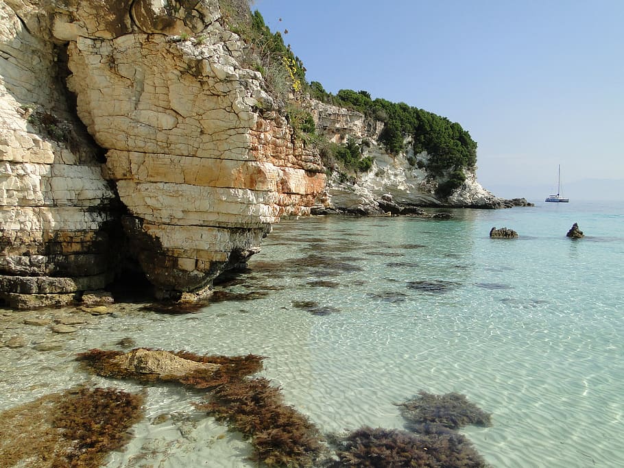 paxos, beach, rocks, water, solid, sea, rock - object, sky, HD wallpaper