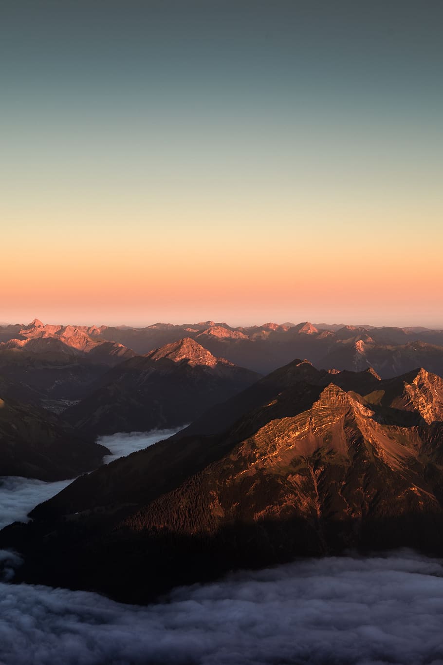 sky, mountain, valley, summit, clouds, sunset, sunrise, nature HD wallpaper